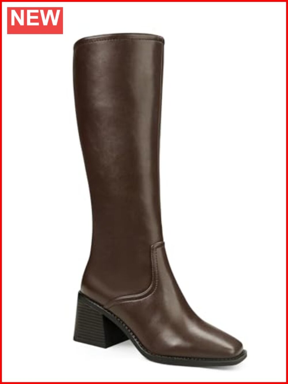 Knee High Faux Leather Boots Square Toe Chunky Block Heel Side Zipper
